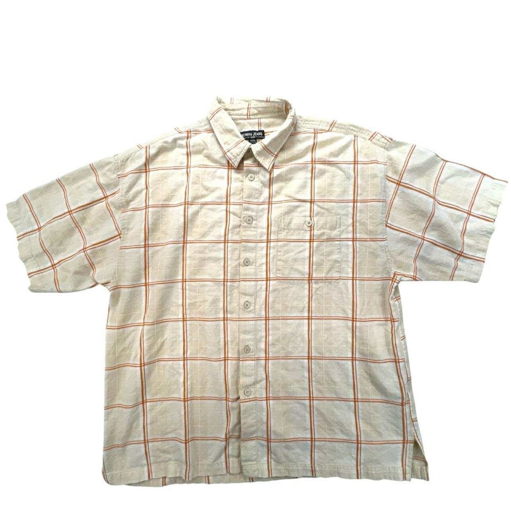 Y2K Koman Jeans 2XL Button Up Shirt Beige Brown Plaid Short‎ Sleeve Menswear